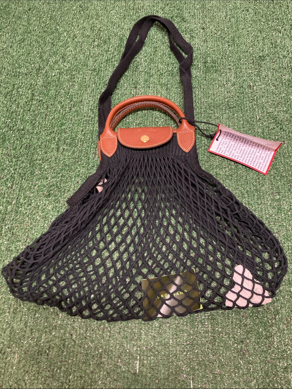 Longchamp New Black Mesh Tote with Brown Leather Trim (OKPM-09-36)